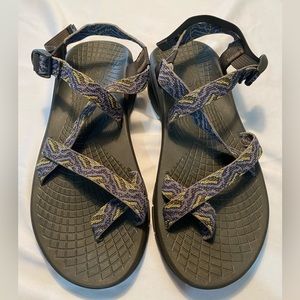 Chaco Men's Black Sandals with Blue and Yellow Patterned Straps